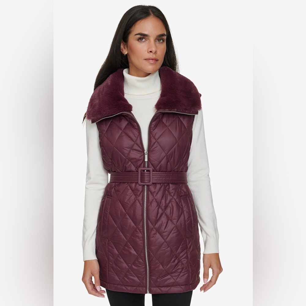 NWT Calvin Klein Plum Belted Quilted Puffer Vest Faux Fur Collar Size XL $129